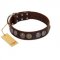 "Treasure Hunter" FDT Artisan Brown Leather Swiss Mountain Dog Collar with Old-Bronze-like and Silvery Medallions