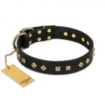"Rhomb Style" FDT Artisan Decorated Leather Swiss Mountain Dog Collar with Old Bronze-Plated Studs 1 1/2 inch (40 mm) Wide