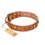 "Natural Beauty" FDT Artisan Tan Leather Swiss Mountain Dog Collar with Old Bronze-like Circles and Plates