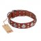 "Magic Squares" FDT Artisan Tan Leather Swiss Mountain Dog Collar with Silver-like Decor