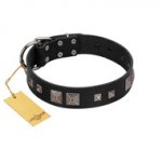 "Foregone Riches" FDT Artisan Black Leather Swiss Mountain Dog Collar with Old Silver-like Square Studs and Pyramids