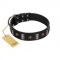"Pirates' Symbol" Fashionable FDT Artisan Black Leather Swiss Mountain Dog Collar with Silver-Like Plates and Gold-Like Skulls