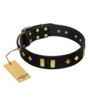 "De Luxe" FDT Artisan Black Leather Swiss Mountain Dog Collar with Old Bronze-like Plates and Studs