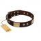 "Middle Age" FDT Artisan Brown Leather Swiss Mountain Dog Collar with Old Bronze-Plated Engraved Flowers and Large Plates