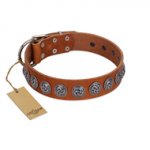 "Velvet Kiss" Handmade FDT Artisan Tan Leather Swiss Mountain Dog Collar with Vintage Medallions