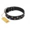 "Power-Flower" FDT Artisan Black Leather Swiss Mountain Dog Collar with Two Rows of Silver-like Studs with Engraved Flowers