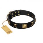 "Welcome on Board" FDT Artisan Black Leather Swiss Mountain Dog Collar with Skulls and Crossbones Combined with Squares