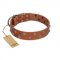 "Waltz of the Flowers" Handmade FDT Artisan Tan Leather Swiss Mountain Dog Collar with Chrome-plated Engraved Studs