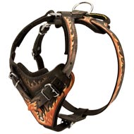 Handpainted in Flames Leather Swiss Mountain Dog Harness for Agitation Training