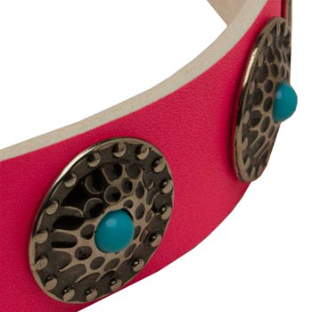 Pink Swiss Mountain Dog Collar Leather with Blue Stones