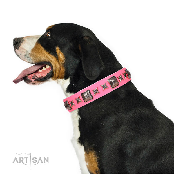Amazing embellished genuine leather dog collar for comfortable wearing