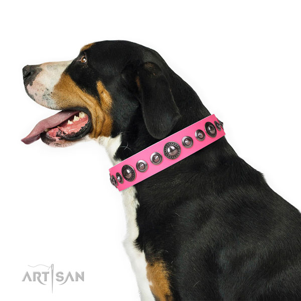 Extraordinary embellished leather dog collar for comfortable wearing