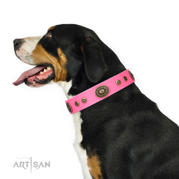 Stylish studded genuine leather dog collar for easy wearing