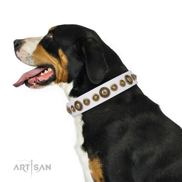 Corrosion resistant buckle and D-ring on natural leather dog collar for daily use