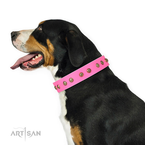 Awesome embellishments on handy use natural genuine leather dog collar
