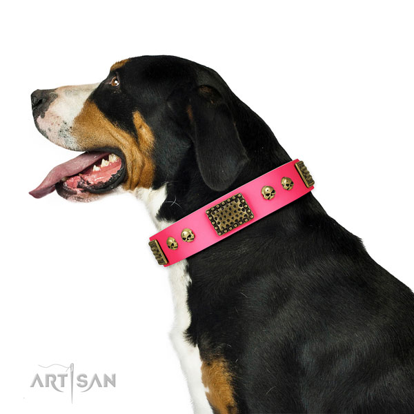 Reliable hardware on full grain leather dog collar for easy wearing