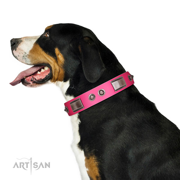 Exquisite full grain natural leather dog collar with embellishments