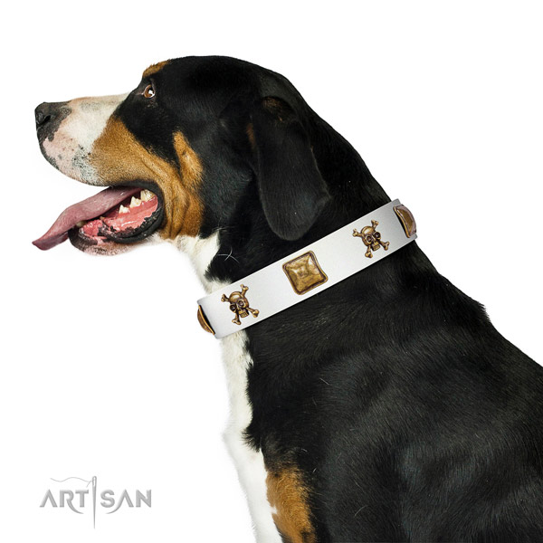 Everyday use natural leather dog collar with embellishments