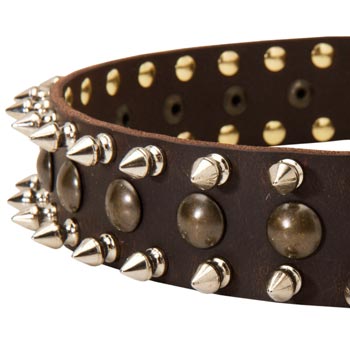 Swiss Mountain Dog Leather Collar with Hand Set Spikes And Studs
