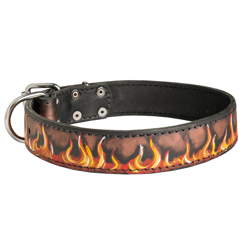 Handpainted Leather Swiss Mountain Dog Collar with Red Flames