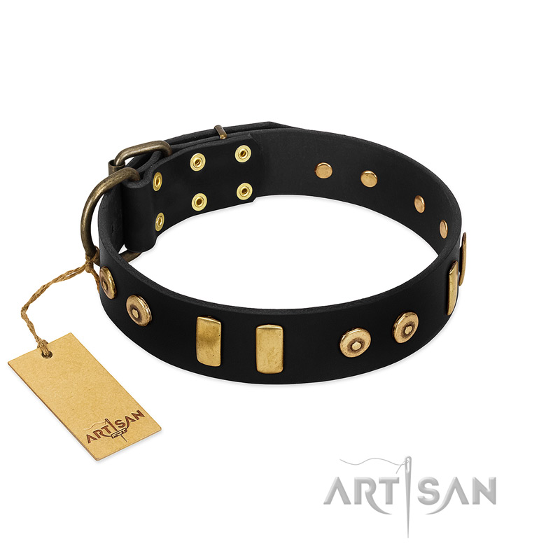 "Rare Dog" FDT Artisan Black Leather Swiss Mountain Dog Collar with Old Bronze-like Dotted Studs and Tiles