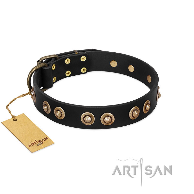 "Golden Artifact" FDT Artisan Black Leather Swiss Mountain Dog Collar with Old-bronze Covered Medallions