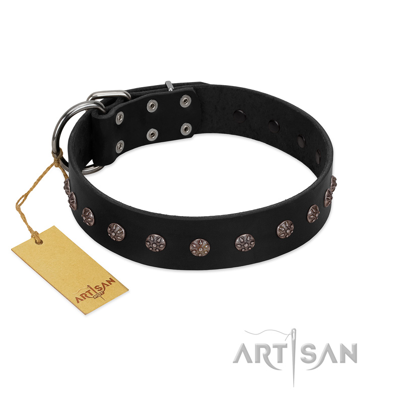 "Flower Rhapsody" FDT Artisan Premium Quaulity Black Leather Swiss Mountain Dog Collar
