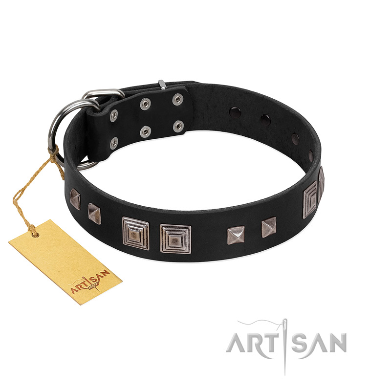 "Foregone Riches" FDT Artisan Black Leather Swiss Mountain Dog Collar with Old Silver-like Square Studs and Pyramids