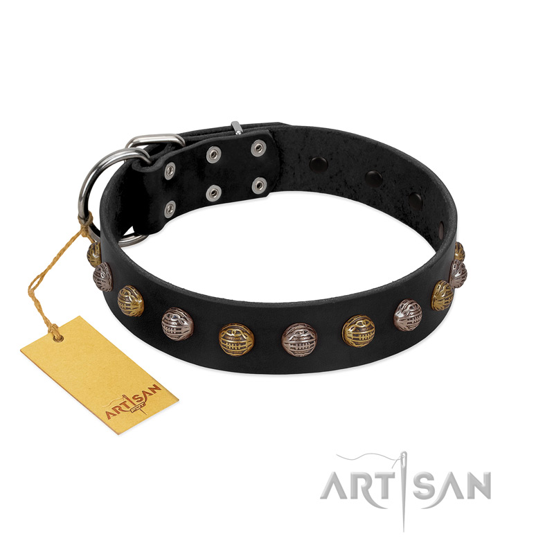 "Inky Prettification" FDT Artisan Black Leather Swiss Mountain Dog Collar with One Row of Studs