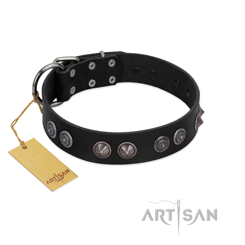 "Silver Medallions" Mod FDT Artisan Black Leather Swiss Mountain Dog Collar with Round Plates