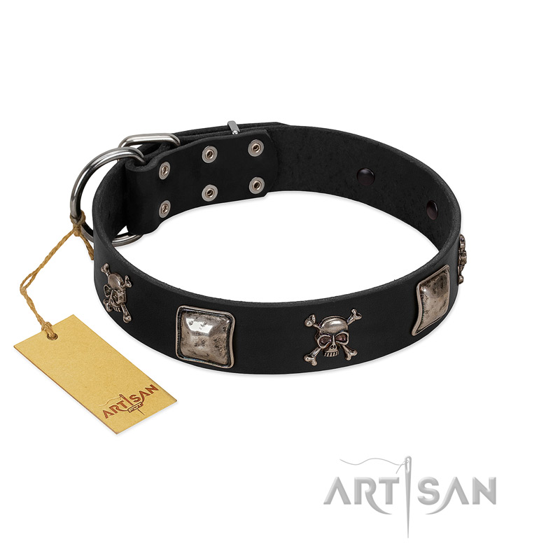 "Sea Rover" Embellished FDT Artisan Black Leather Swiss Mountain Dog Collar with Chrome Plated Crossbones and Plates