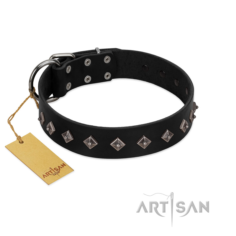 "Immense Power" Handcrafted FDT Artisan Black Leather Swiss Mountain Dog Collar with Small Dotted Pyramids