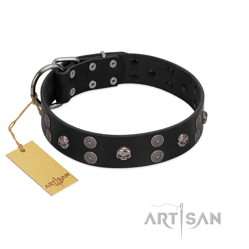 "Skull Art" Designer Handmade FDT Artisan Black Leather Swiss Mountain Dog Collar with Skulls