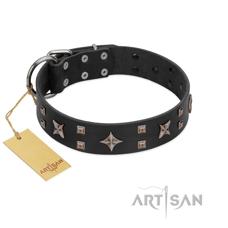 "Star Excitement" Modern FDT Artisan Black Leather Swiss Mountain Dog Collar with Studs and Stars - Click Image to Close