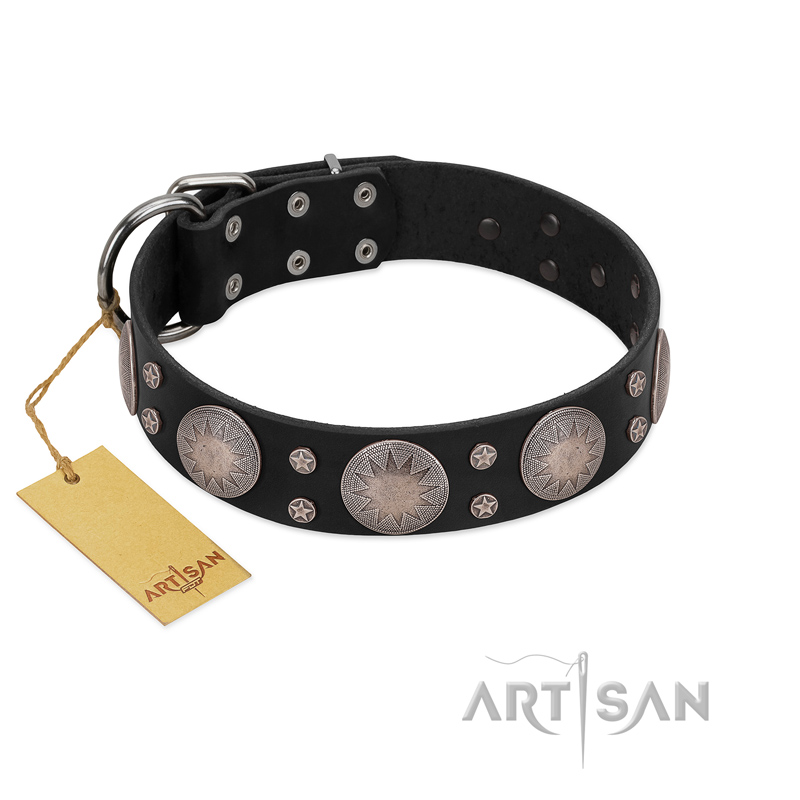 "Starry Sky" Trendy FDT Artisan Black Leather Swiss Mountain Dog Collar with Large Brooches