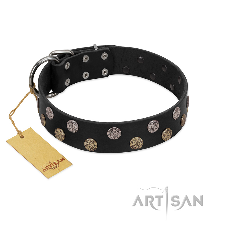 "Egyptian Style" Handcrafted FDT Artisan Black Leather Swiss Mountain Dog Collar with Medallions