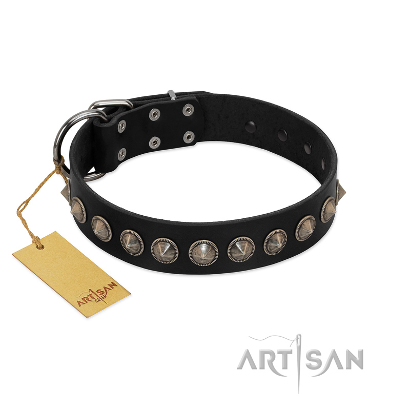"Black Eagle" Handcrafted FDT Artisan Black Leather Swiss Mountain Dog Collar with Silver-Like Adornments