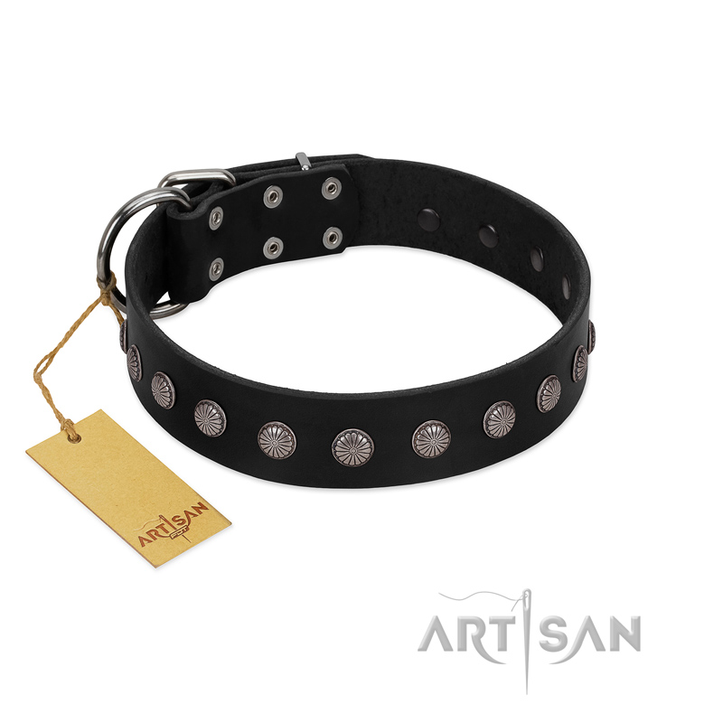 "Silver Flower" Exclusive FDT Artisan Black Leather Swiss Mountain Dog Collar with Silver-Like Studs - Click Image to Close