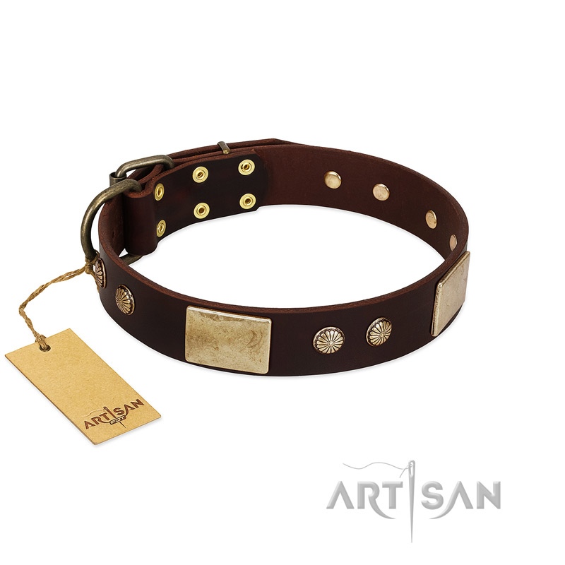 "Middle Age" FDT Artisan Brown Leather Swiss Mountain Dog Collar with Old Bronze-Plated Engraved Flowers and Large Plates