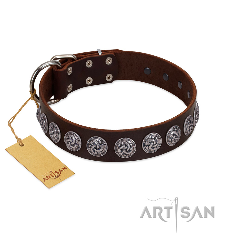 "Charming Circles" FDT Artisan Brown Leather Swiss Mountain Dog Collar with Silver-like Studs