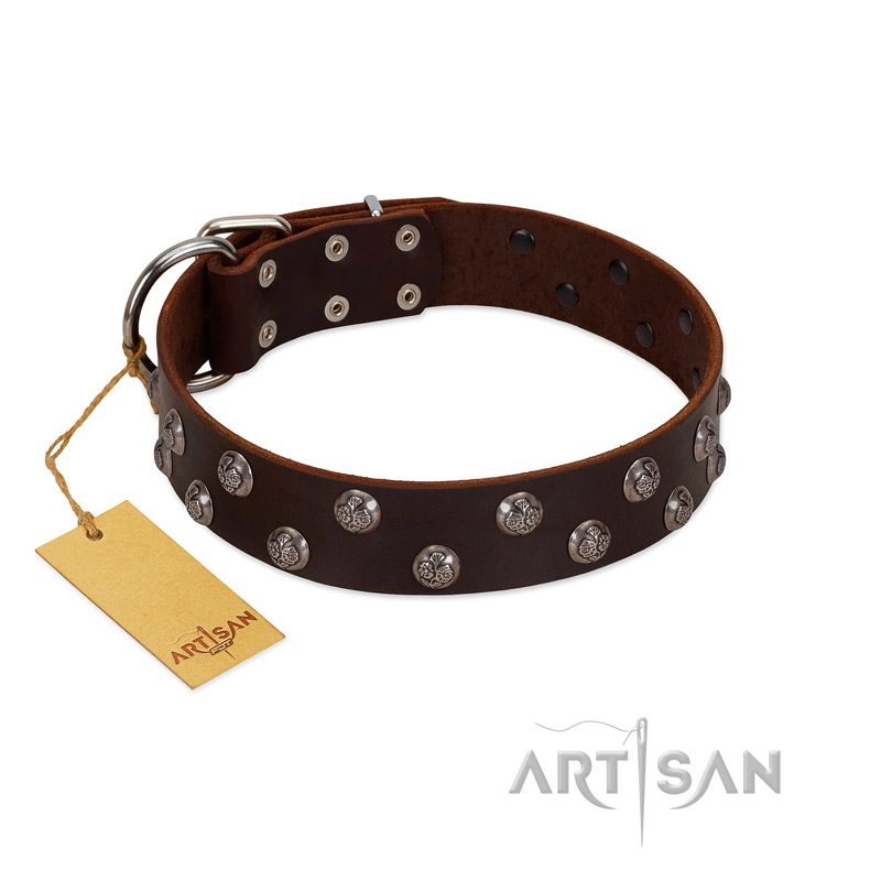"Blossom Jewel" FDT Artisan Brown Leather Swiss Mountain Dog Collar with Two Rows of Silver-like Studs with Engraved Flowers