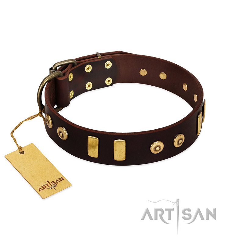 "Lord of Dogs" FDT Artisan Brown Leather Swiss Mountain Dog Collar with Old Bronze-like Dotted Studs and Tiles