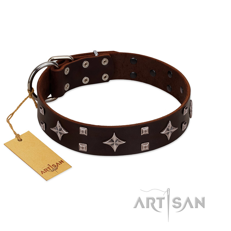 "Trendy Candy" FDT Artisan Brown Leather Swiss Mountain Dog Collar Adorned with Stars and Tiny Squares - Click Image to Close