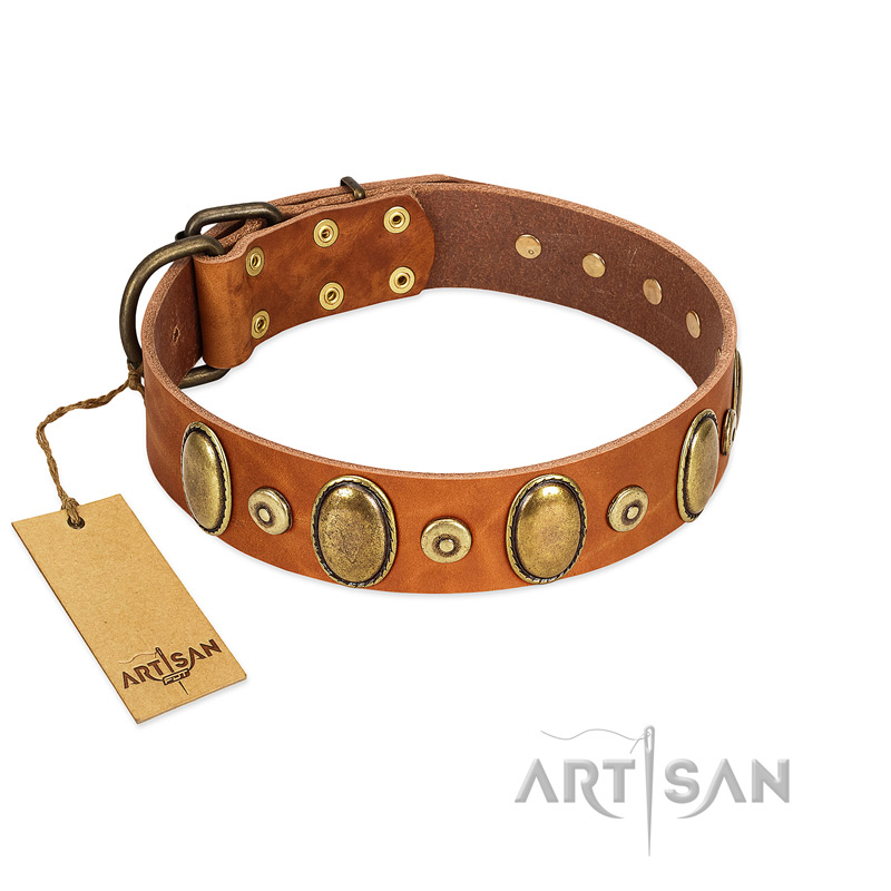"Crystal Sand" FDT Artisan Tan Leather Swiss Mountain Dog Collar with Vintage Looking Oval and Round Studs