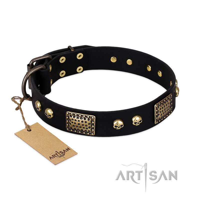 "Biker Style" FDT Artisan Black Leather Swiss Mountain Dog Collar with Old Bronze Look Plates and Skulls