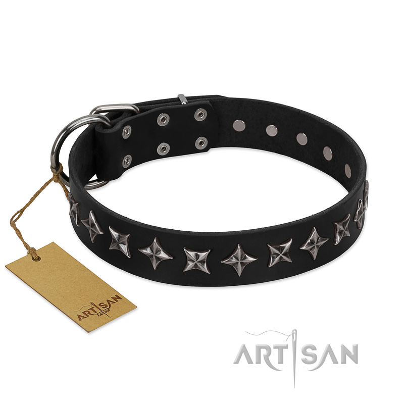 "Lights-out" FDT Artisan Black Leather Swiss Mountain Dog Collar with Silver-like Set of Stars