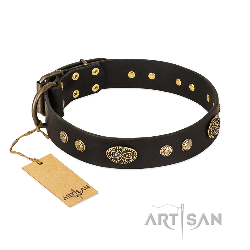 "Perfect Tracery" FDT Artisan Black Leather Swiss Mountain Dog Collar with Old Bronze Look Plates and Circles