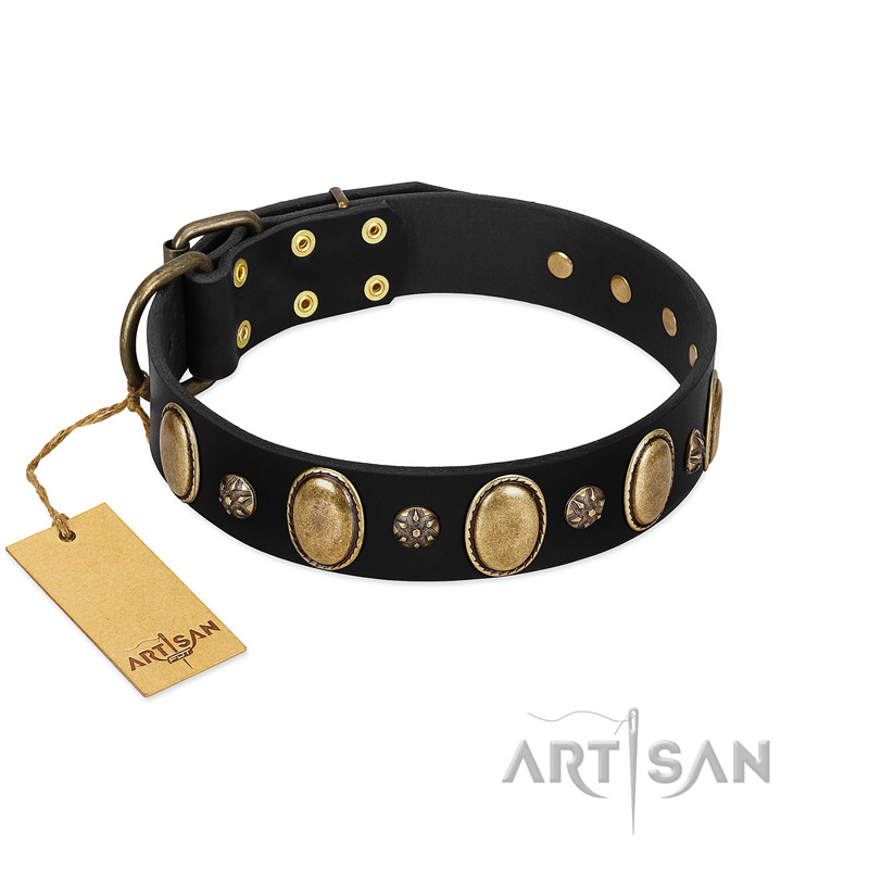 "Gilded Stones" FDT Artisan Black Leather Swiss Mountain Dog Collar with Old Bronze-like Ovals and Studs - 1 1/2 inch (40 mm) wide
