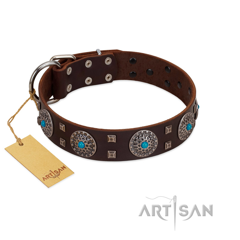 "Hypnotic Stones" FDT Artisan Brown Leather Swiss Mountain Dog Collar with Chrome Plated Brooches and Square Studs