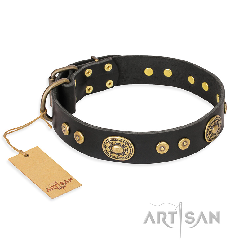 "Golden Radiance" FDT Artisan Black Leather Swiss Mountain Dog Collar with Old Bronze Look Ovals and Circles - Click Image to Close